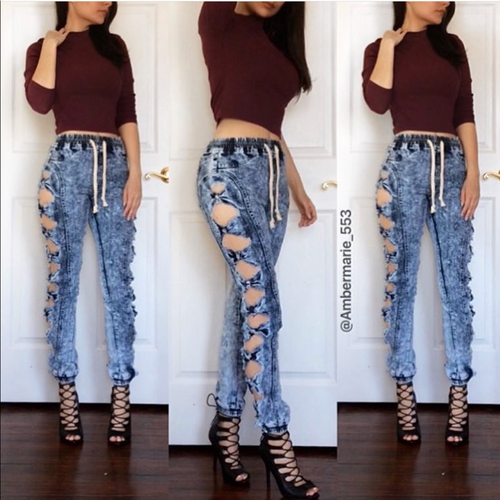 Blue acid washed denim bow cut out sides / joggers